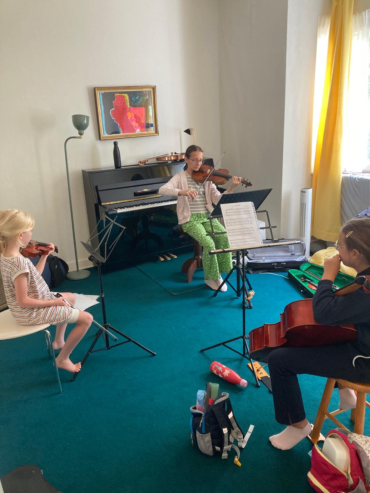 Leçon de violon dans le salon de l'école